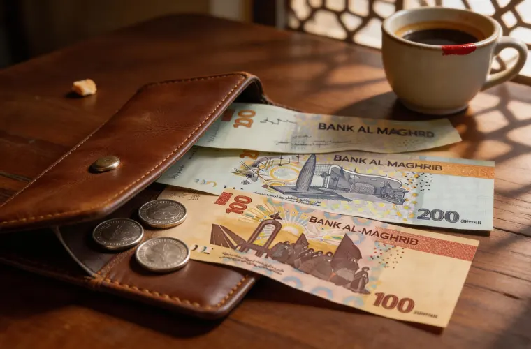 Leather wallet with Moroccan dirham banknotes and coins on a wooden table beside a cup of coffee.