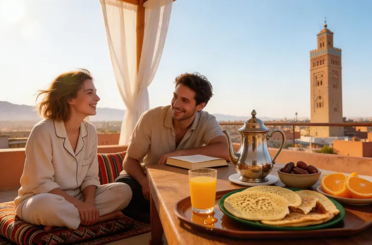 Couple enjoying traditional Moroccan breakfast on a riad terrace overlooking the Koutoubia Mosque in Marrakech