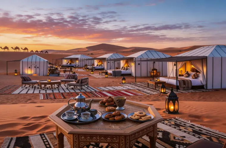 Luxury desert camp with white glamping tents, Berber rugs, and sunset views of the Sahara from Marrakech